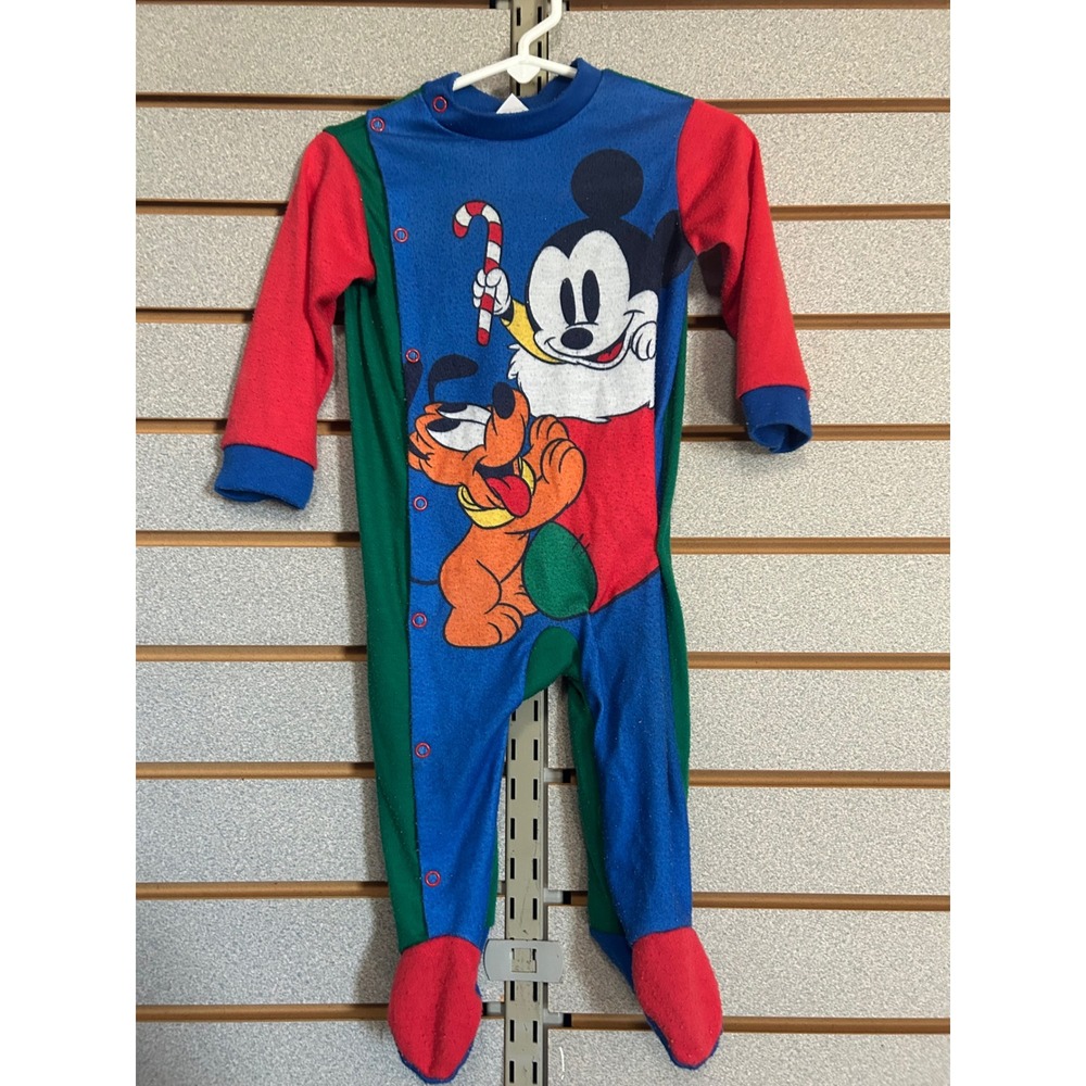 Vintage Baby Mickey & Co Christmas Fleece Footed Sleeper Mickey Pluto Blue Large